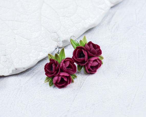Earrings marsala flowers, Earrings miniature anemone, Botanical earrings