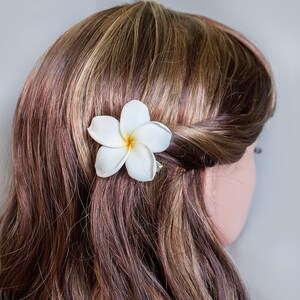 May include: A white flower hair clip with a brown and blonde hairstyle.
