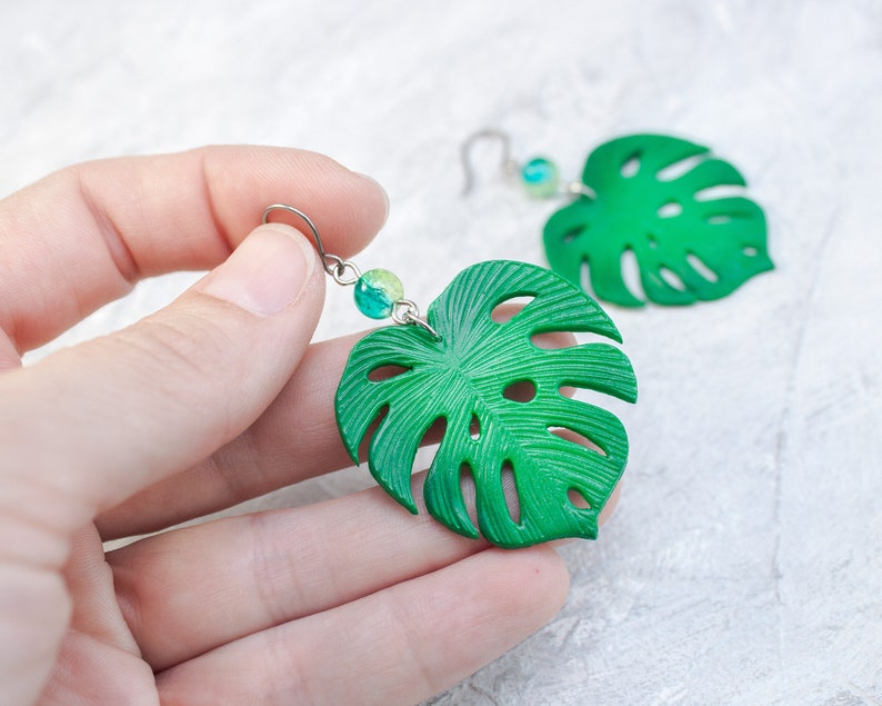 Monstera leaf earrings Monstera jewelry Large green earrings Etsy