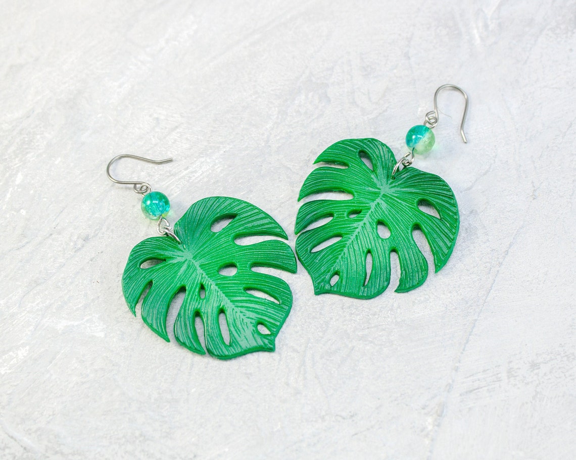Monstera leaf earrings Monstera jewelry Large green earrings | Etsy