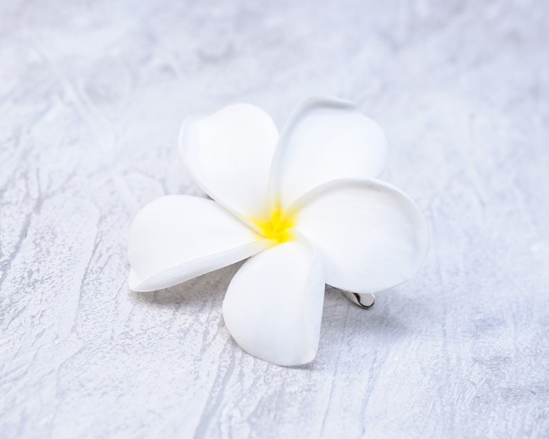 May include: A white plumeria flower with a yellow center, lying on a white textured surface.