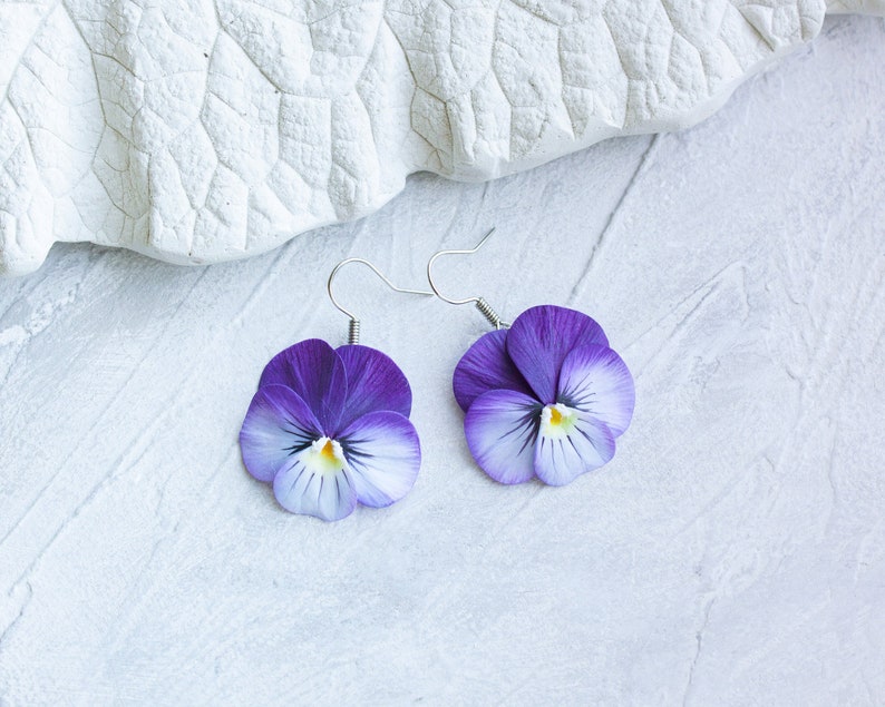 Pansy earrings. Realistic flower statement earrings. Pansies jewelry image 1