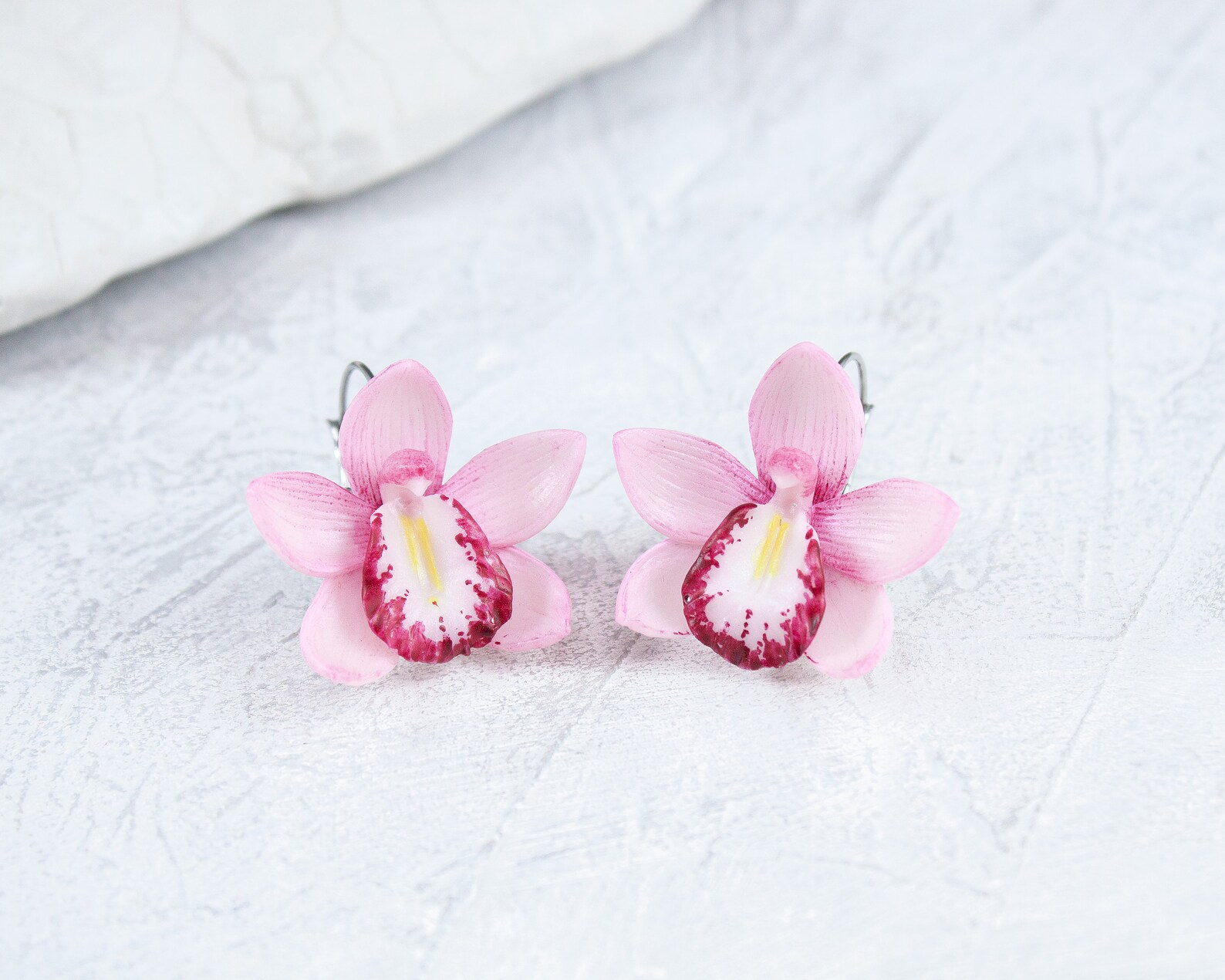 Orchid earrings Tropical pink flower earrings Medium leverback Etsy