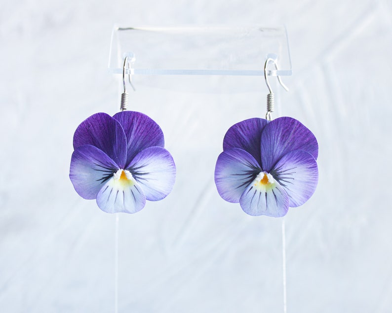 Pansy earrings. Realistic flower statement earrings. Pansies jewelry image 6