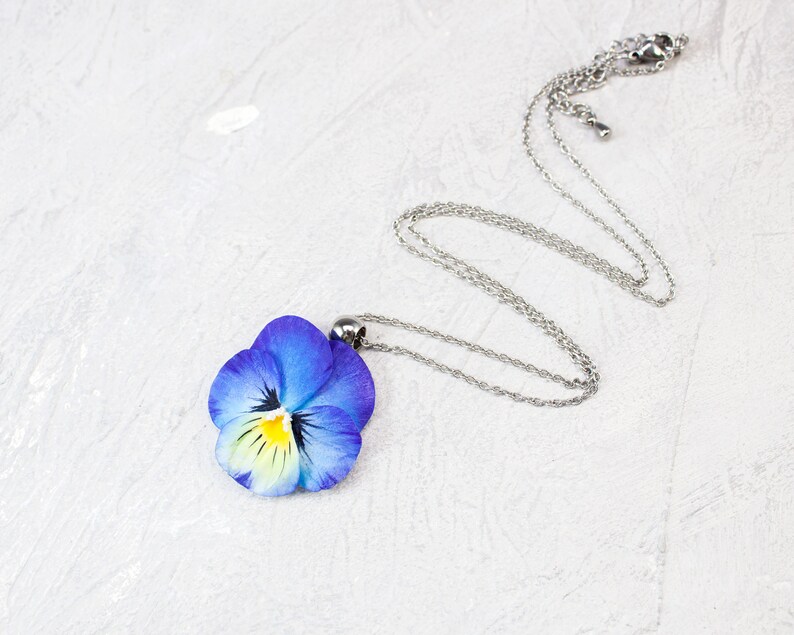 Blue pansy necklace. Realistic flower jewelry. Pansy jewelry. Etsy