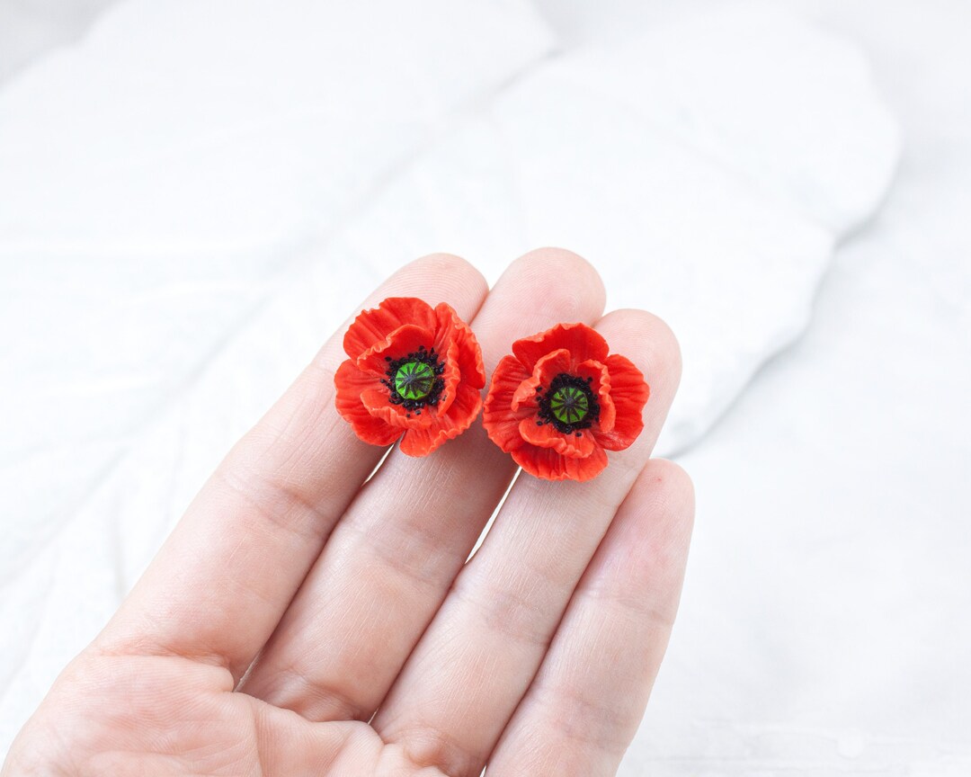 Poppy Red Enamel and Sterling Silver Stud Earrings