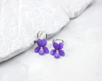 RESERVED. Violet Earrings, Realistic flower earrings, Purple wild violet, Floral earrings, Violet jewelry