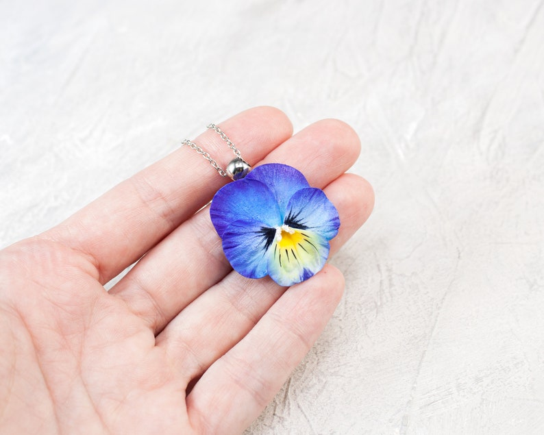 Blue pansy necklace. Realistic flower jewelry. Pansy jewelry. Etsy
