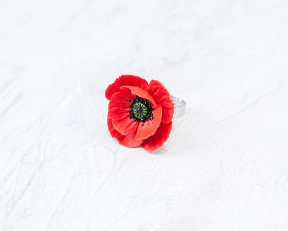 Red Poppy Ring Poppy Jewelry Red Flower Ring Botanical Ring Etsy