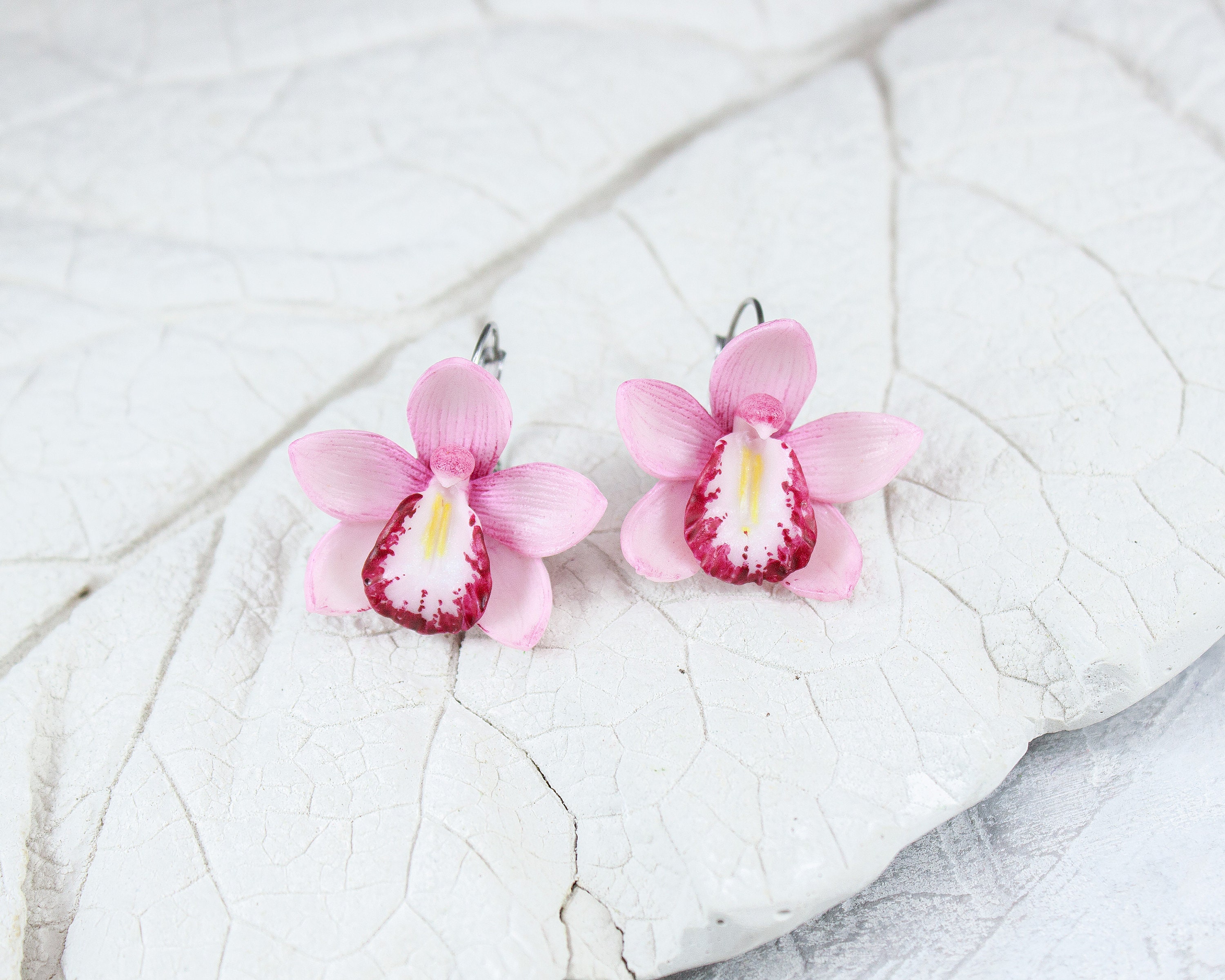 Orchid earrings Tropical pink flower earrings Medium leverback Etsy