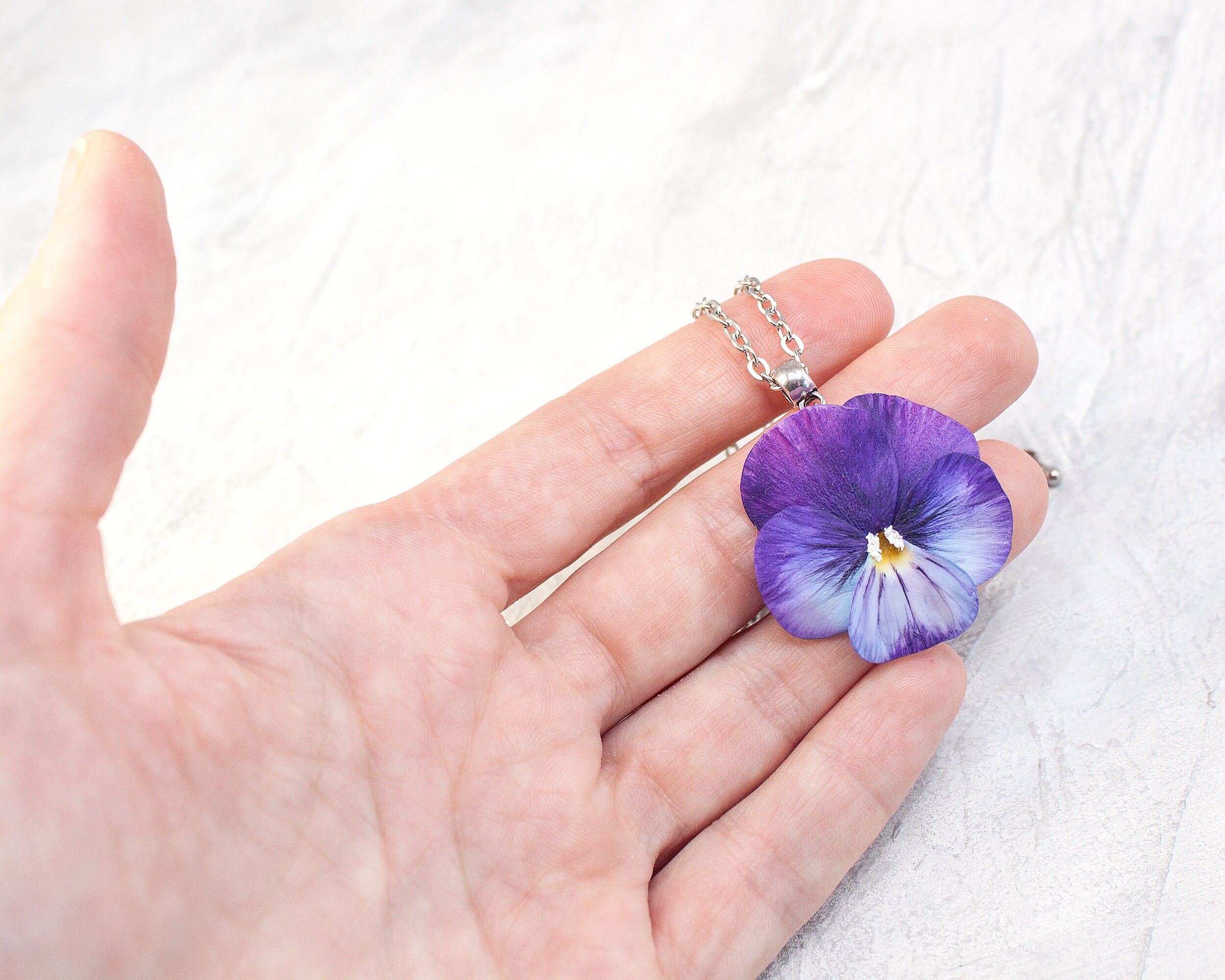 Purple pansy pendant Realistic flower necklace Floral jewelry Etsy