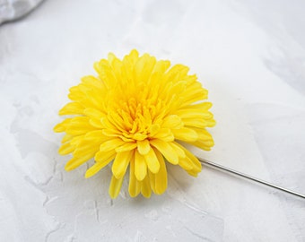 Dandelion lapel pin, Brooch with yellow flower, Flower boutonniere, Mens lapel pin
