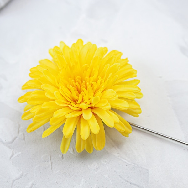 Dandelion lapel pin, Brooch with yellow flower, Flower boutonniere, Mens lapel pin