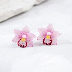 Mini orchid stud earrings Earrings for every day Small pink flower stud earrings