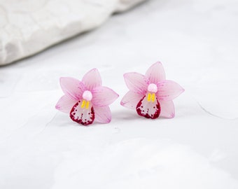 Mini orchid stud earrings Earrings for every day Small pink flower stud earrings