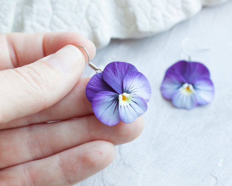 Pansy earrings. Realistic flower statement earrings. Pansies jewelry image 5