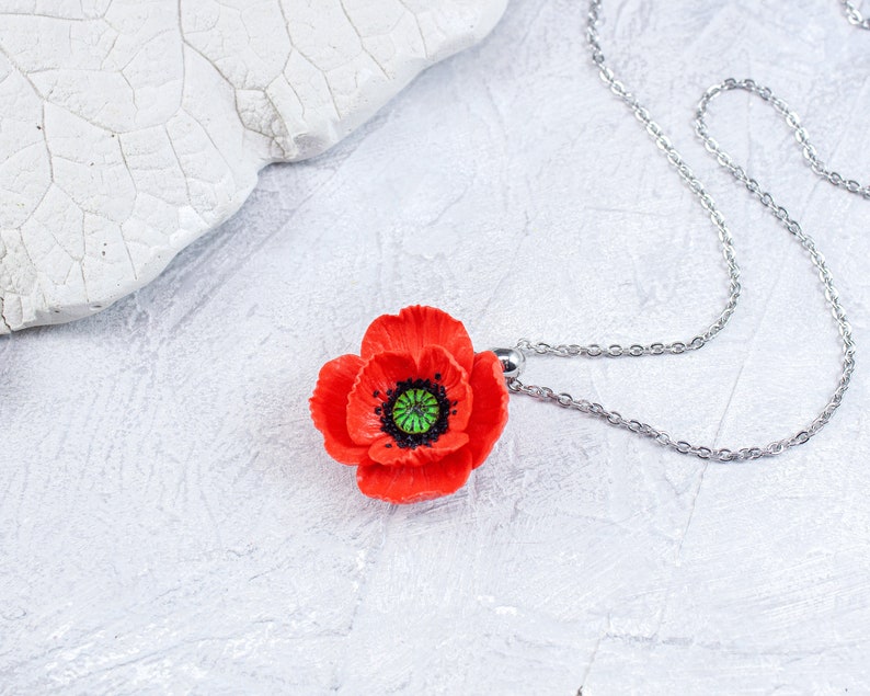 Red poppy pendant Pendant with red flower Poppy jewelry image 7