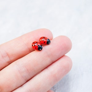 May include: Two small, red ladybug-shaped earrings with black spots and black heads. The earrings are held between two fingers against a light background. The ladybugs are a bright red colour.