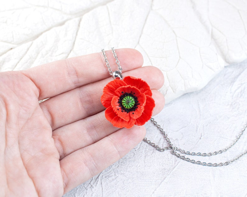 Red poppy pendant Pendant with red flower Poppy jewelry image 8