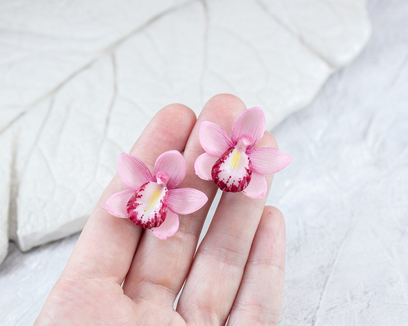 Orchid Earrings Tropical Pink Flower Earrings Medium Leverback Etsy