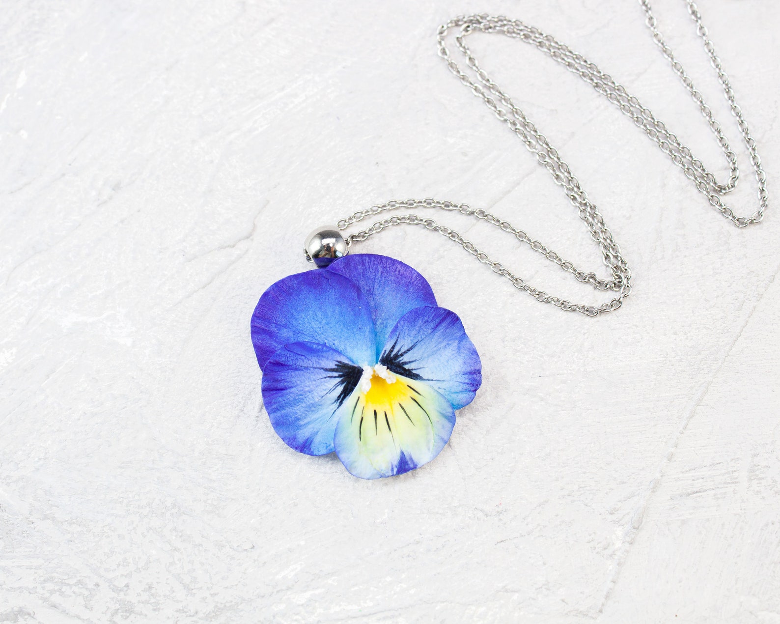 Blue pansy necklace. Realistic flower jewelry. Pansy jewelry. Etsy