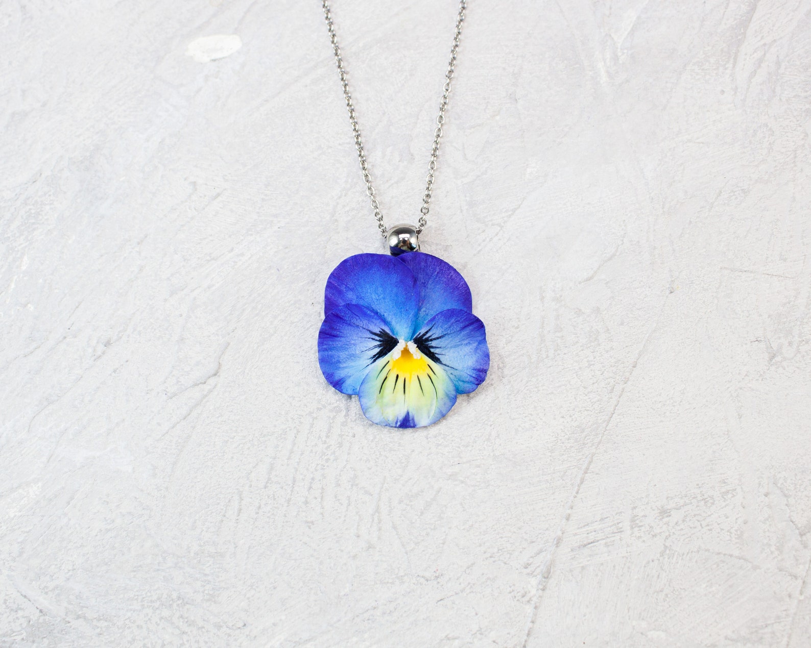 Blue pansy necklace. Realistic flower jewelry. Pansy jewelry. Etsy