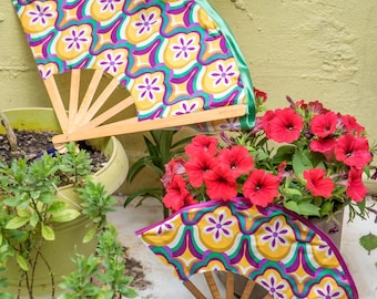 Striking Tiles  Handmade Folding Fan: Laser-Cut Wood, Vibrant Pattern, Summer Accessory