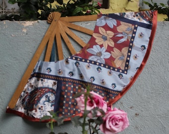 Old School: Handmade Foldable Fan Silk Fabric Geometric design Laser Cut Wood