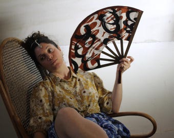 Scribblings Handmade Folding Fan Laser Cut Wood Artsy fabric Summer Accessory