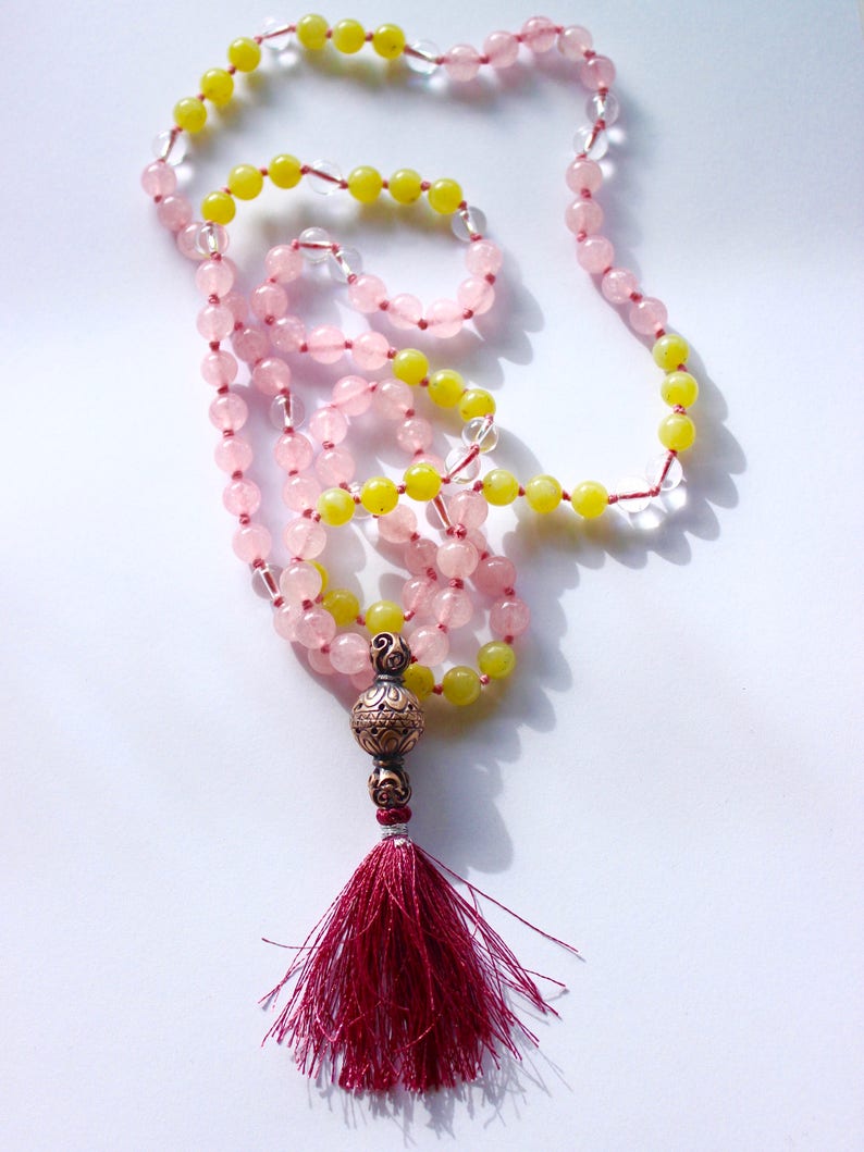 108 stones of 8 mm rose quartz hyaline quartz olivine and bronze lotus flower Mala