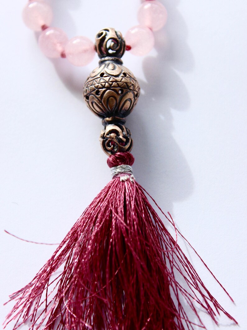 108 stones of 8 mm rose quartz hyaline quartz olivine and bronze lotus flower Mala