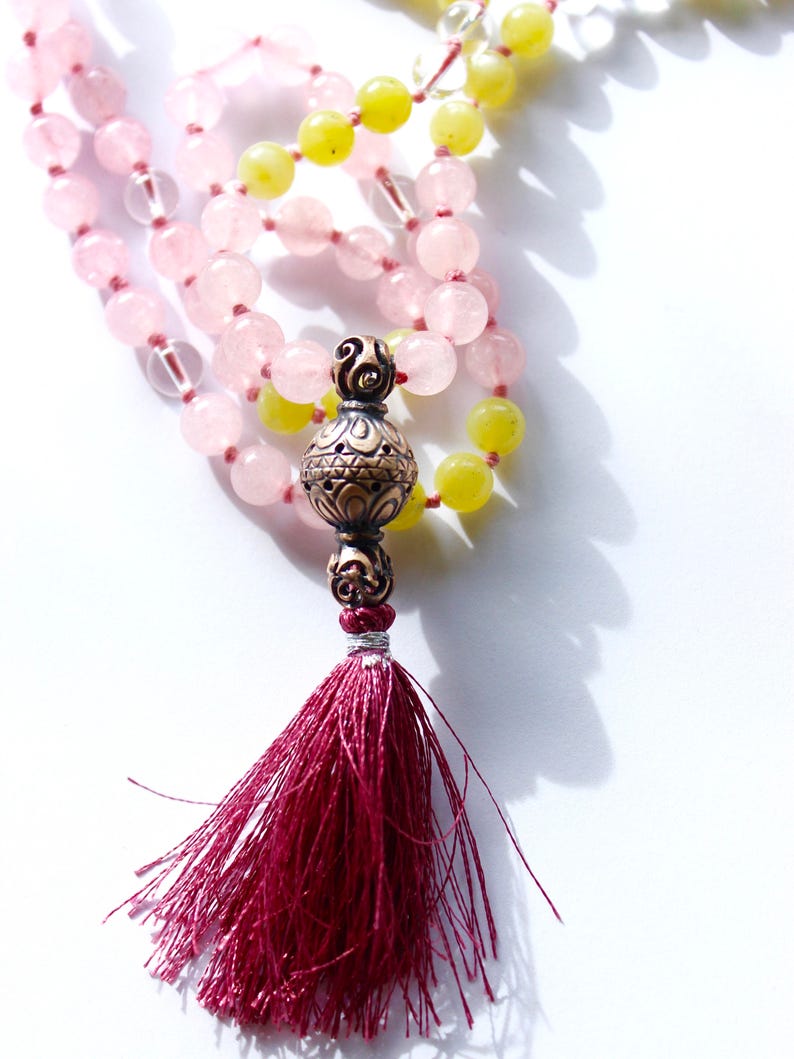 108 stones of 8 mm rose quartz hyaline quartz olivine and bronze lotus flower Mala