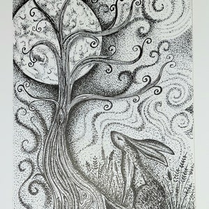 May include: A black and white ink drawing of a stylized tree with a full moon behind it. A rabbit sits in the foreground, looking up at the moon.
