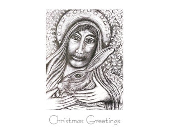 Instant Download and Print Christmas Card. Beautiful illustration of Saint Melangell and the Hare. Print it yourself at home version.