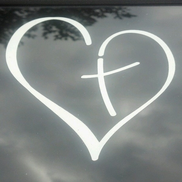 Vinyl Decal Heart with Cross in Center Christian for Car Auto Mirror Window Sticker