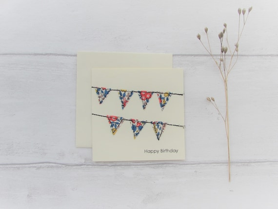 Bunting Greetings Card - Handmade and sewn fabric onto card