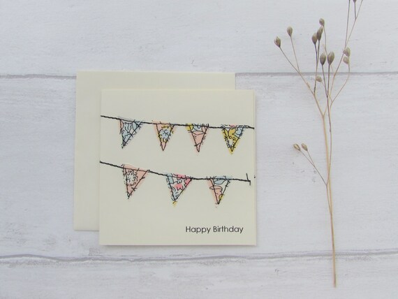 Bunting Greetings Card - Handmade and sewn fabric onto card