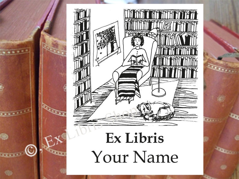 Bookplate stamp or stickers Reading woman, custom exlibris, personalised ex libris, book stamp, library stamp, ex libris stamp, stamp, 214 image 1