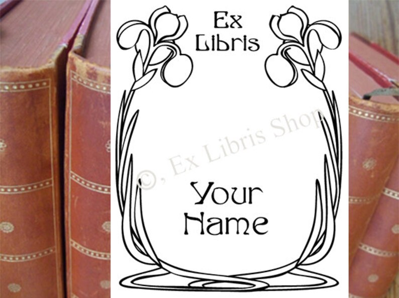 Custom bookplate stamp or stickers Iris, custom exlibris, personalized book stamp, library stamp, book stamp, plant exlibris, iris image 1