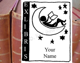 Sello de la placa de libro o pegatinas "Cama de la luna", exlibris personalizados, placa de libro personalizada, sello de goma personalizado, etiquetas de exlibris personalizadas, 13