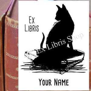 Exlibrisstempel oder etiketten Schwarze Katze, Bücherstempel, personalisierter Namensstempel, Buchstempel, personalisiertes Exlibris Bild 1