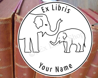 Bookplate stamp •Two elephants•, personalized exlibris, library stamp, custom bookplate, librarian stamp, name stamp, book stamp