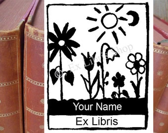 Exlibris Stempel oder Etiketten "Blumenwiese", personalisiertes Exlibris, Exlibrisetiketten, Exlibrisstempel, Buchstempel, 01