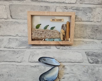 Sea birds coastal frame.picture of sea glass birds on driftwood sea groins & stamped plaque.bird watchers.coastal art.gift for him.fathers