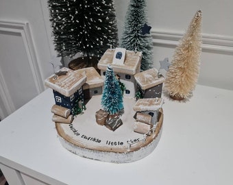 Twinkle twinkle little star.driftwood village,navy,white and grey,set on wood slice with tree and logs.wooden stars.christmas gift.
