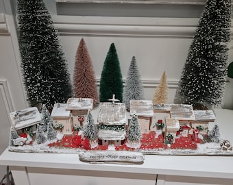 Country Village christmas. Large rustic driftwood village,postoffice,church,phonebox,tree barn.beige cream &white.christmas gift