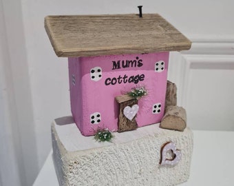 Mums cottage. Little pink house on white block with flowers and hand stamped name.mothers day gift. Mums day.mothers day.