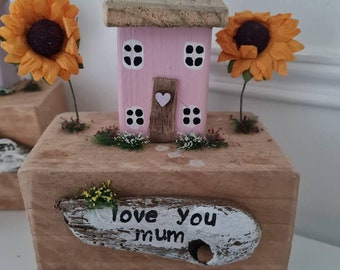 Love you mum. Mothers day cottage set on wooden base with flowers sunflower and hand stamped plaque. Mothers day. Mothers day gifts.