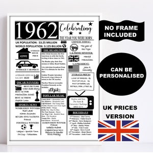 1962 the year you were born print gift UK version personalised options available birthday gift