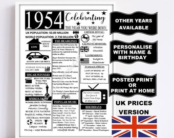 1954 the year you were born print gift UK version personalised options available birthday gift 70TH BIRTHDAY